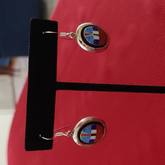 Multi stone inlaid sterling silver earrings - Picture 4 of 4
